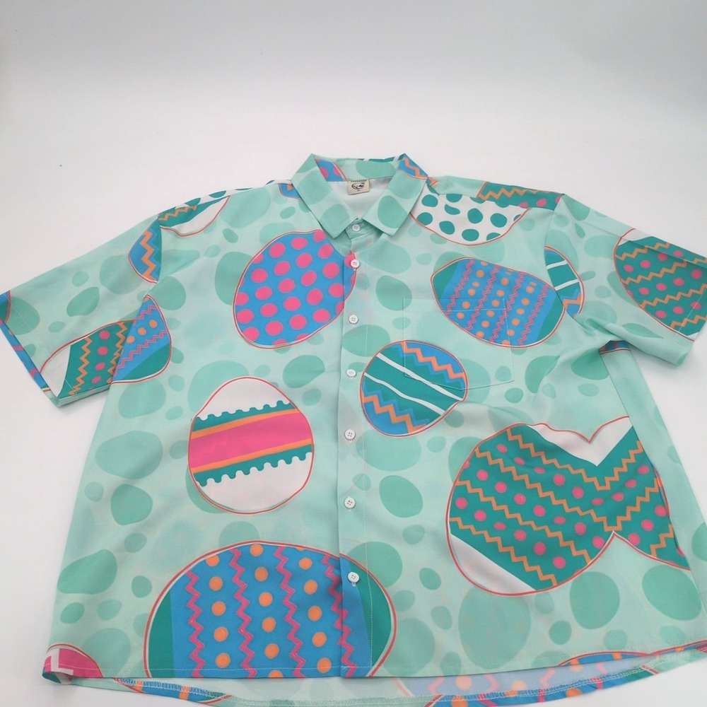 Hardaddy Men's Easter Hawaiian Shirt Size L Mint Green Festive Egg Button Up